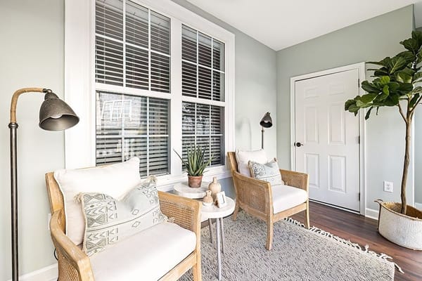 Cozy sitting area with two chairs and a potted plant