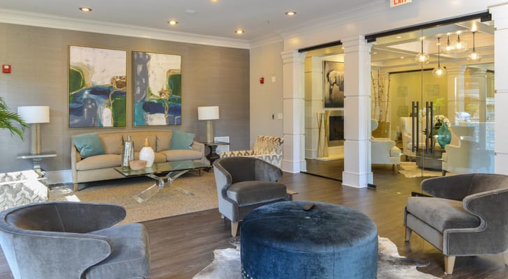 Elegant lobby area with modern decor and seating