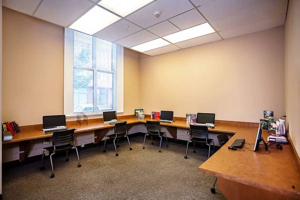 Quiet computer room with desks and chairs