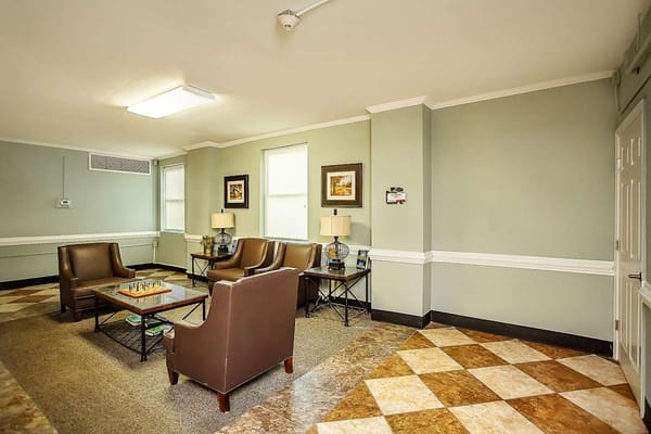Common area with seating and chess set
