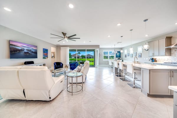 Bright and spacious common area with modern decor and views