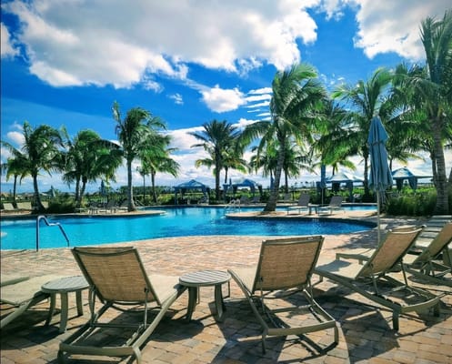 Outdoor pool area with lounge chairs and palm trees