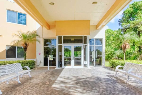 Entrance of Villa Seton facility with seating area