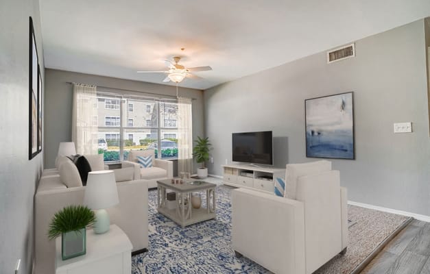 Bright, welcoming lounge area with seating