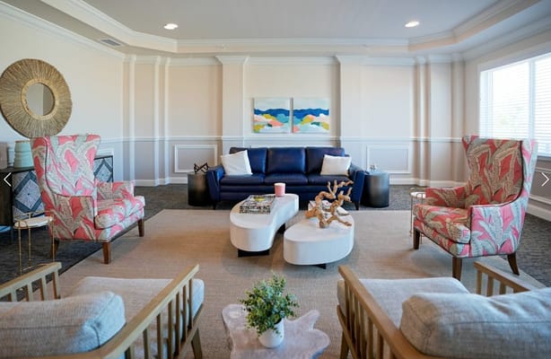 Bright common area with stylish seating and decor