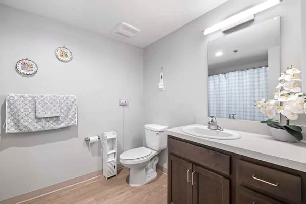 Bright bathroom with towels and decorative plates