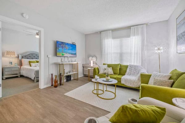 Bright and inviting common area with seating