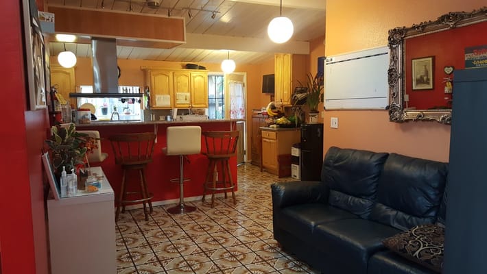 Cozy common area with seating and kitchen