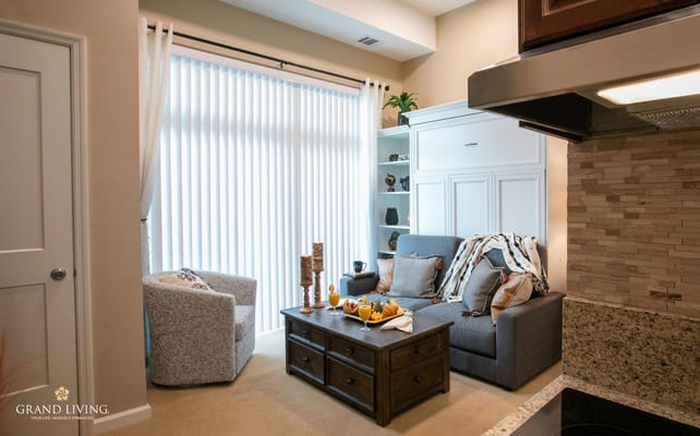 Cozy living area with refreshments in a senior living facility