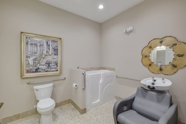 Accessible bathroom with a walk-in tub and amenities