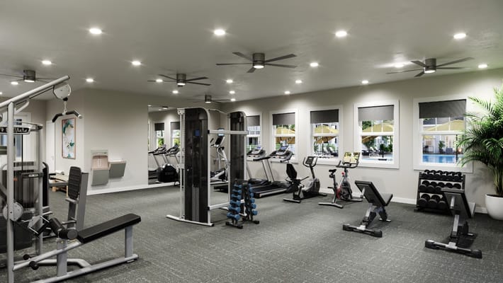 Modern gym equipment in a senior living facility fitness center