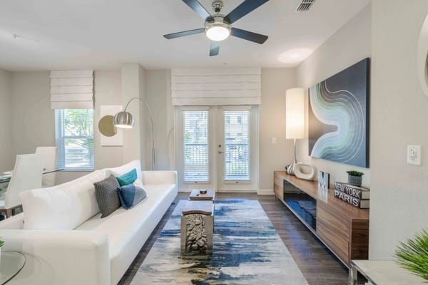 Bright, modern common area with cozy seating