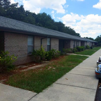 Exterior view of residential buildings in a senior living community