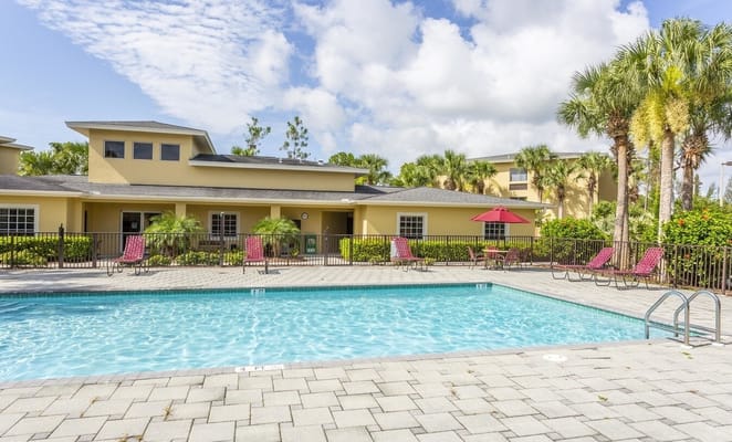 Swimming pool area with lounge chairs and palm trees