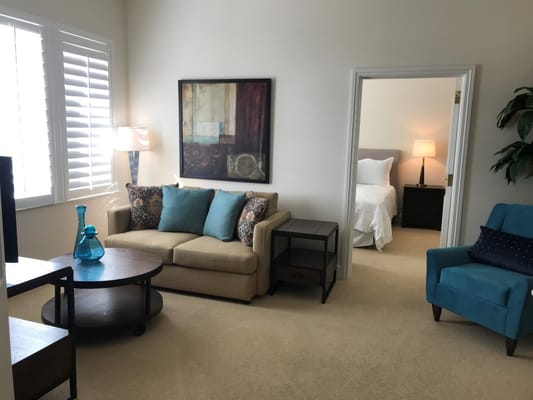 Cozy living room space with bedroom visible