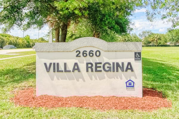 Sign for Villa Regina senior living facility