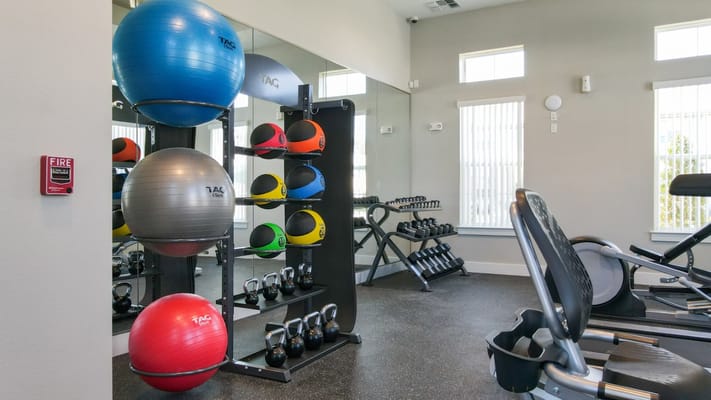 Fitness equipment in a well-lit exercise room