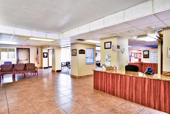 Interior view of a common area and reception desk