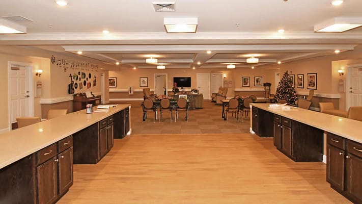 Interior view of a common area with seating and decorations