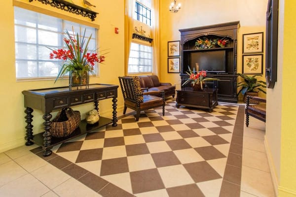 Bright common area with seating and decor