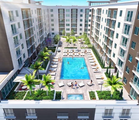 Aerial view of a large pool area with residents