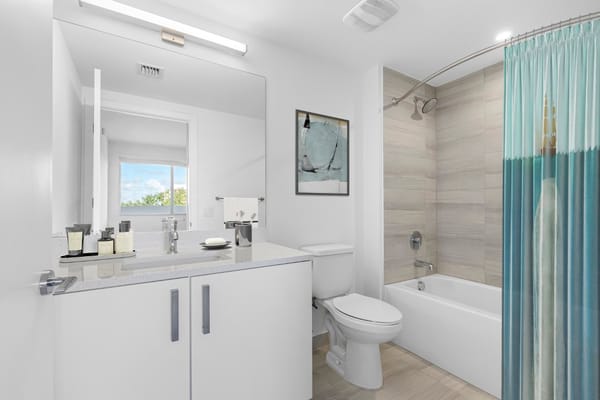 A well-lit bathroom with modern amenities