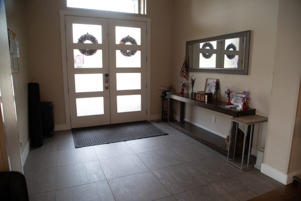 Bright entrance area with holiday decorations