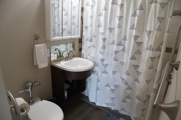 Modern bathroom with shower, sink, and towel rack.