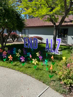 Colorful signs promoting Alzheimer's awareness in a garden