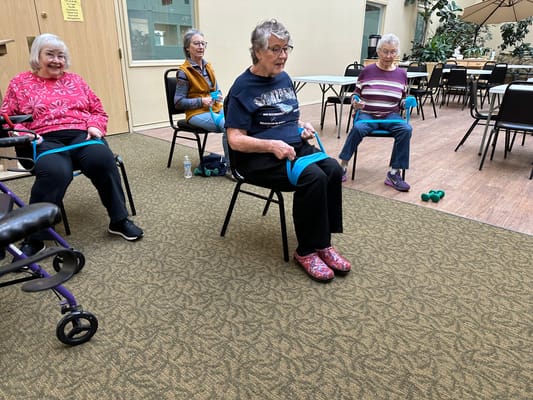 Residents participating in a seated exercise class
