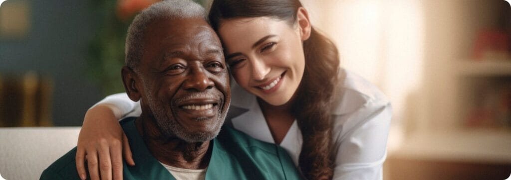 A caregiver smiling with an elderly resident in a cozy setting