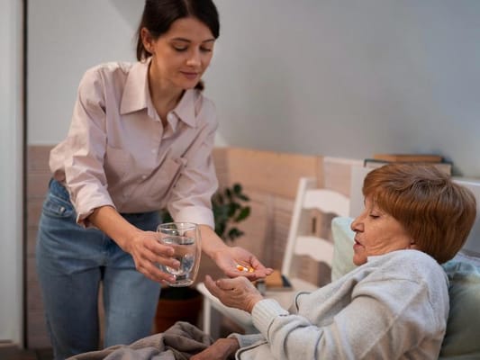 Caregiver assisting a resident with medication