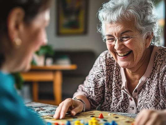 Two women playing a board game and smiling