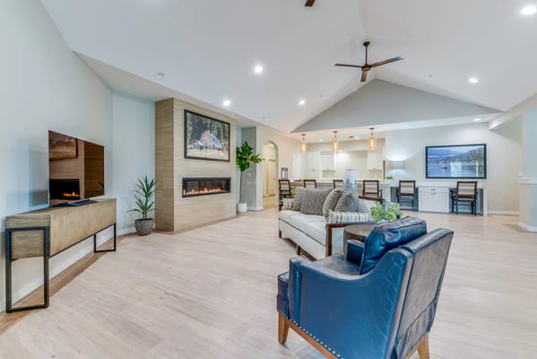 Bright interior common area with seating