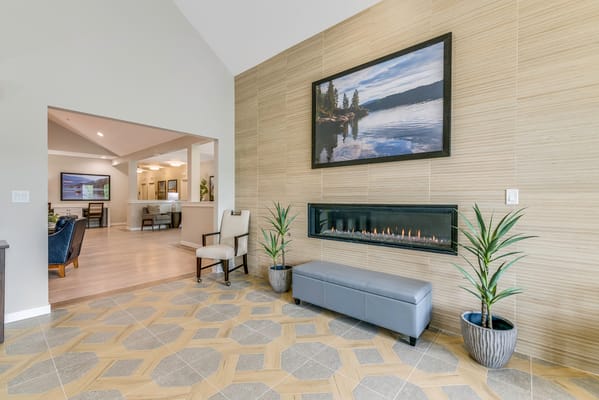 Welcoming common area with fireplace and seating