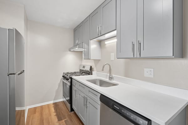 Modern kitchen interior with gray cabinetry and appliances