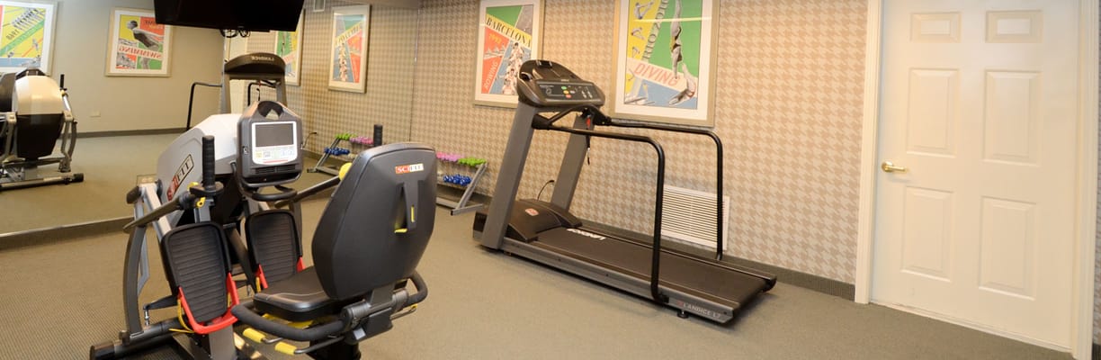 Fitness equipment in a bright activity room