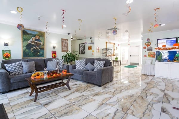 Interior common area with comfortable seating and fall decor