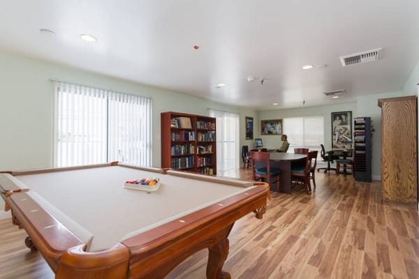Bright common area with a pool table and bookshelves