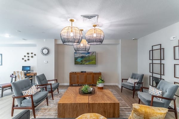 Interior common area with seating and ambient lighting