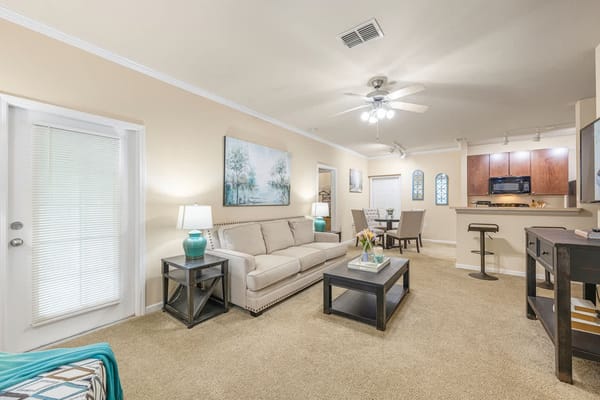 Bright and welcoming living room in a senior facility