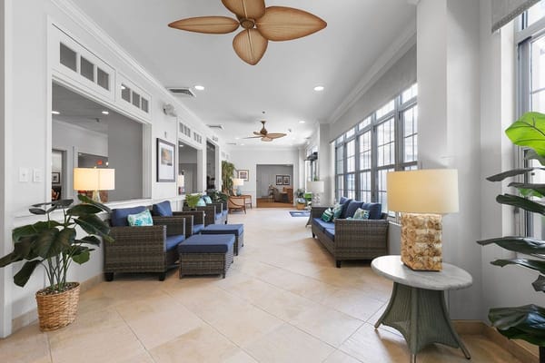 Spacious lobby with comfortable seating and modern decor