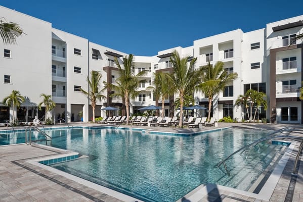 A sunny pool area with lounge chairs and palm trees