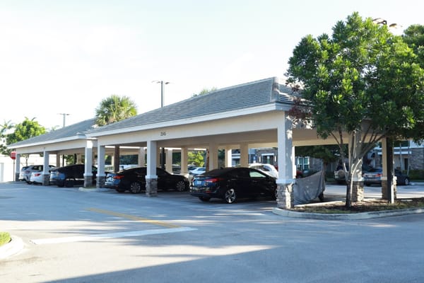 Covered parking area with trees and vehicles