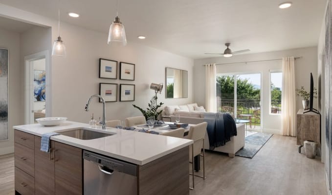 Bright, modern common area with seating and decor