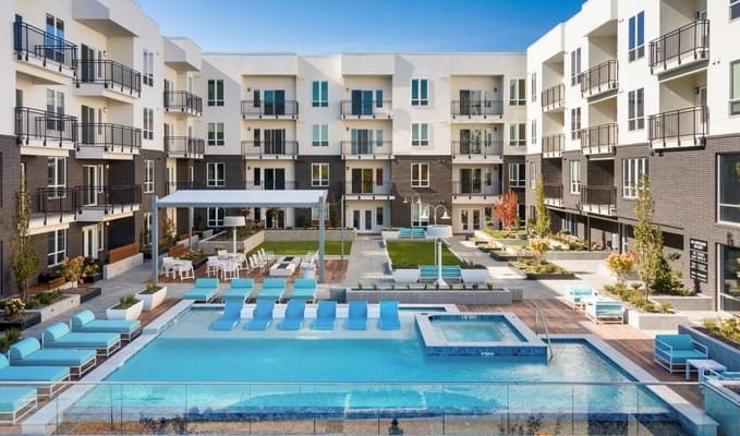 Aerial view of a pool area in a senior living facility