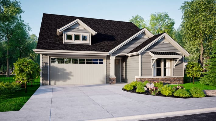 Exterior view of a modern bungalow home with landscaping