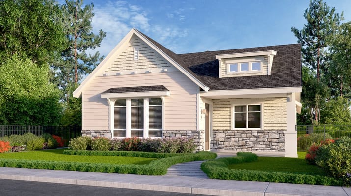 Exterior view of a bungalow in a landscaped setting