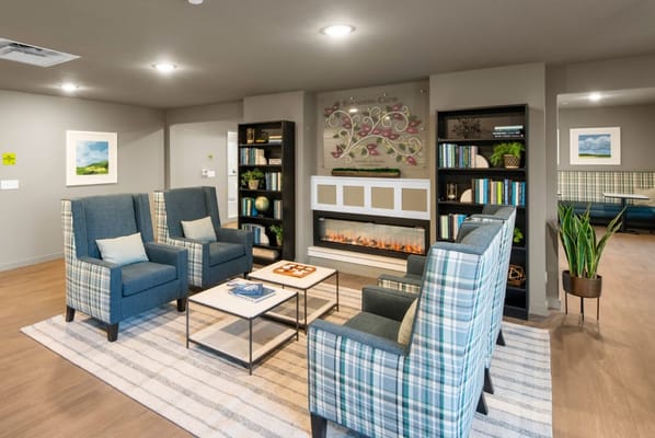 Bright common area with seating and decor