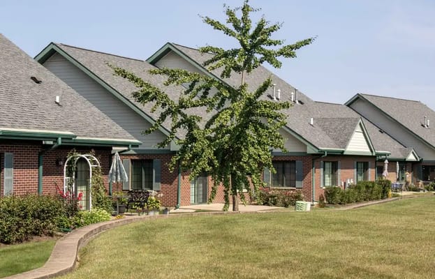 Outdoor space with gardens and residential buildings